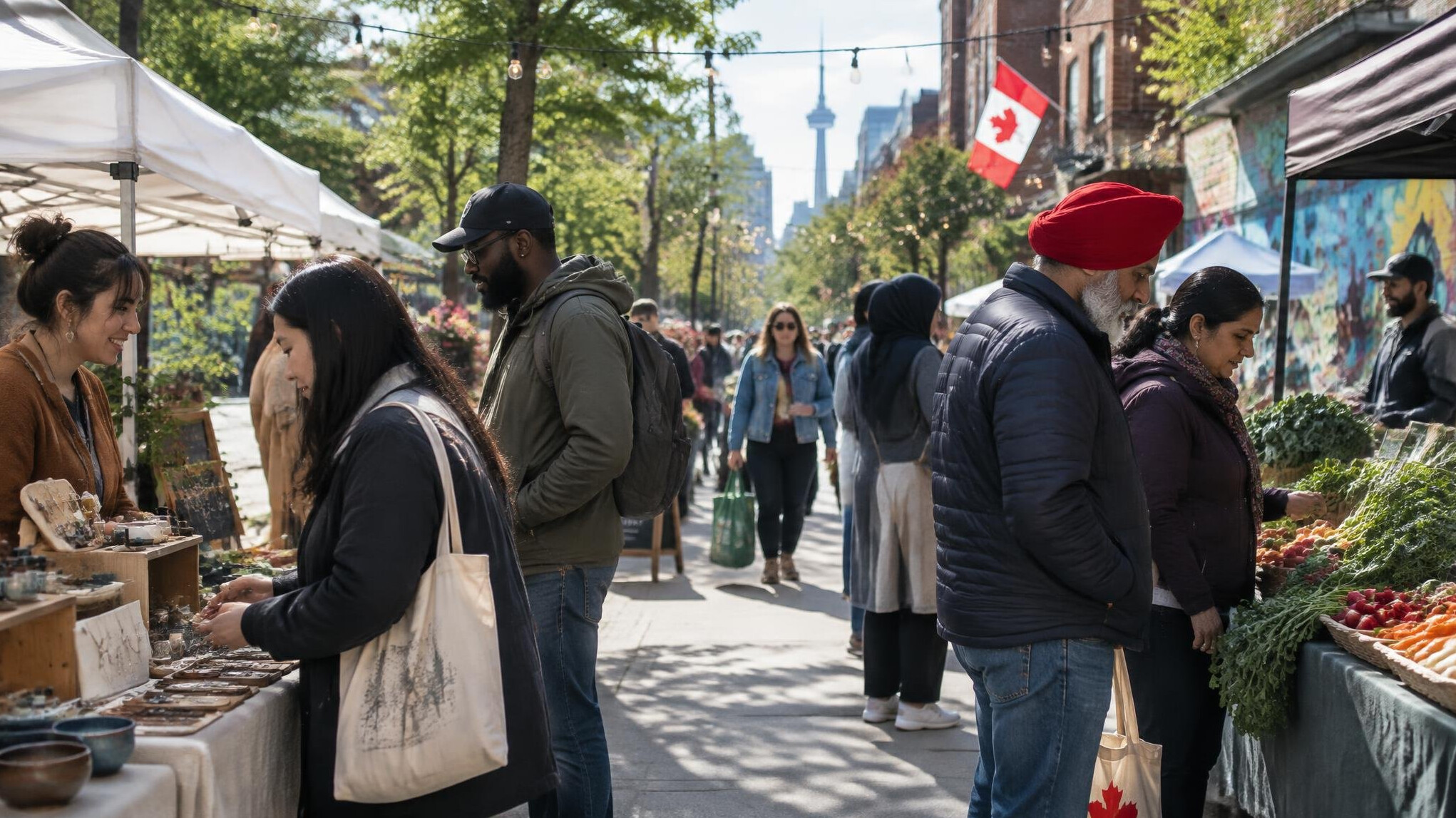 Neighbors gathering at an outdoor community market