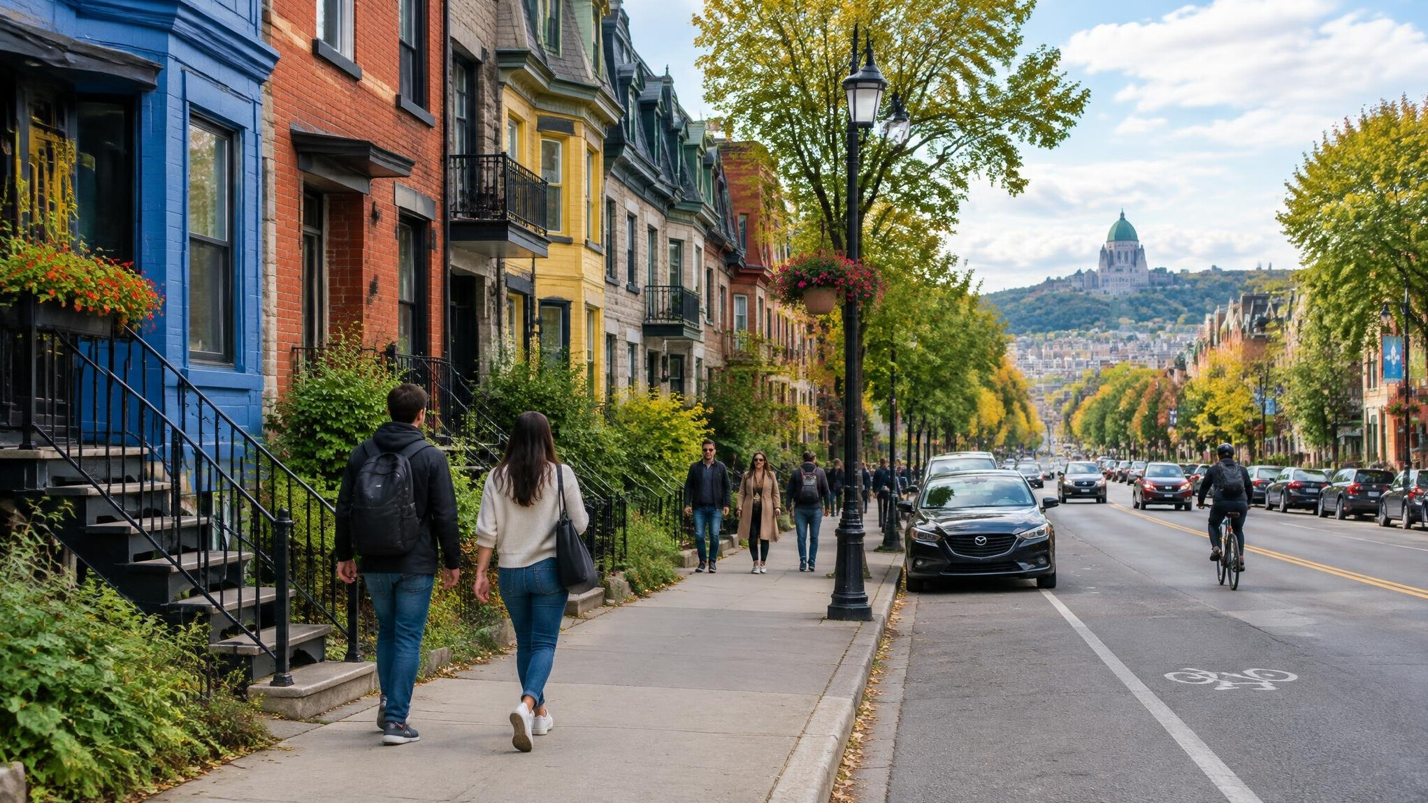 montreal street scene with colorful houses
